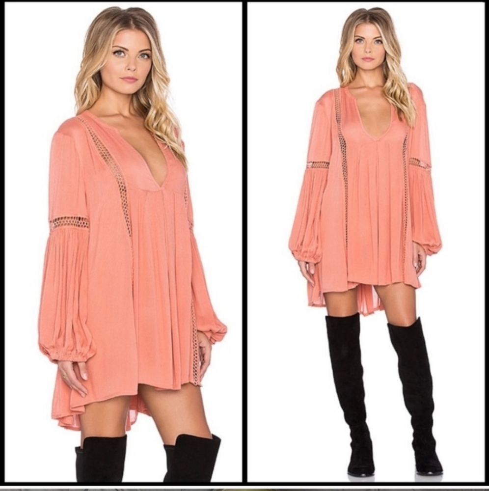Free People Coral Bohemian  Princess Long Sleeve Flowy Tunic Mini Dress Rare XS
